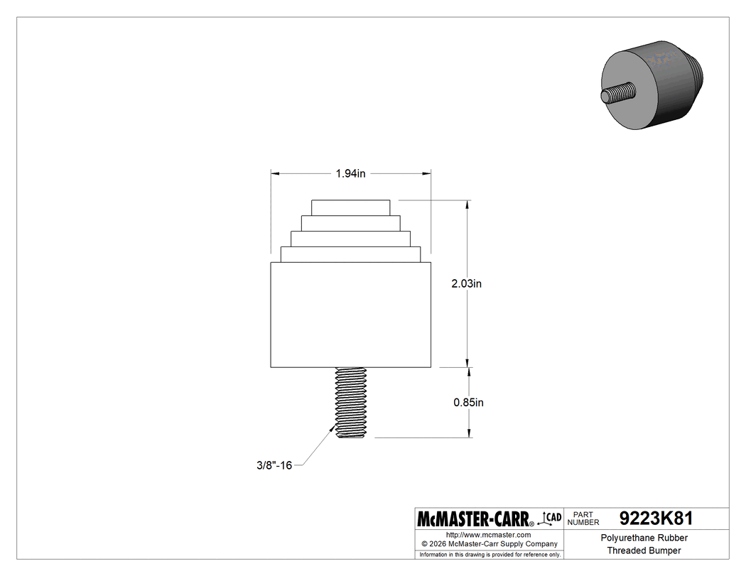 Technical Drawing of Polyurethane Rubber Threaded Bumper, 3/8"-16 Threaded Stud, 2" OD, 2-1/8" High, Black.
